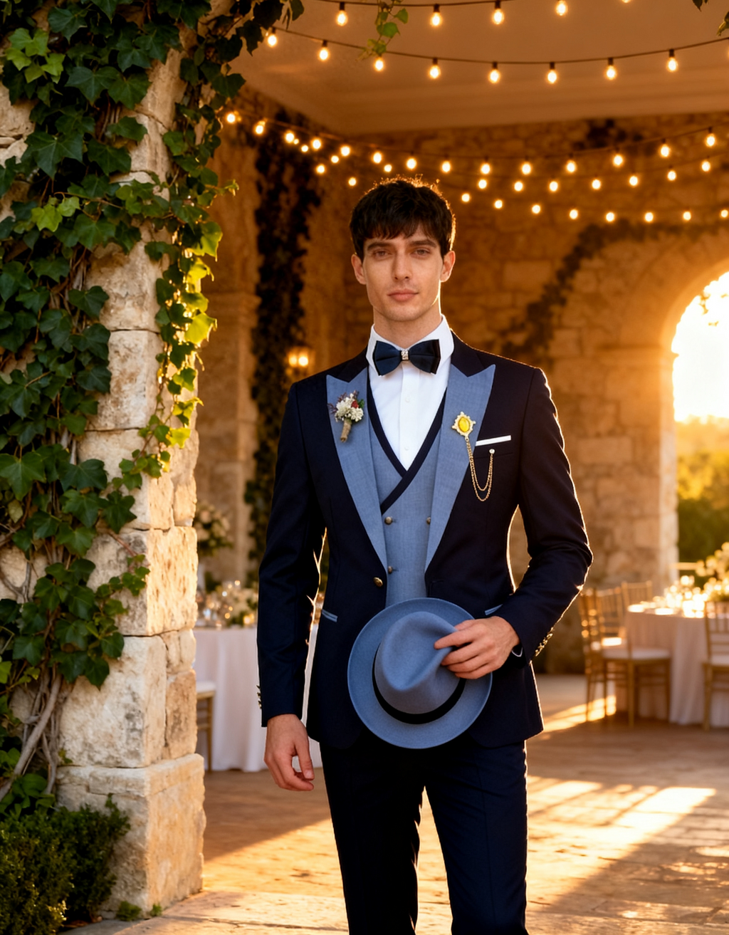 Crafters three-piece navy blue wedding tuxedo with a contrasting light blue lapel and vest