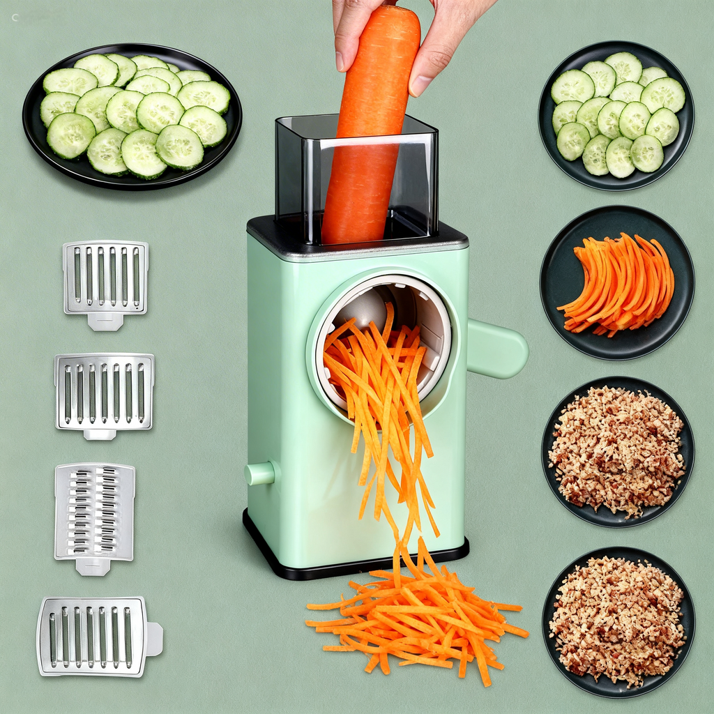 Manual, multifunctional vegetable cutter and rotary grater