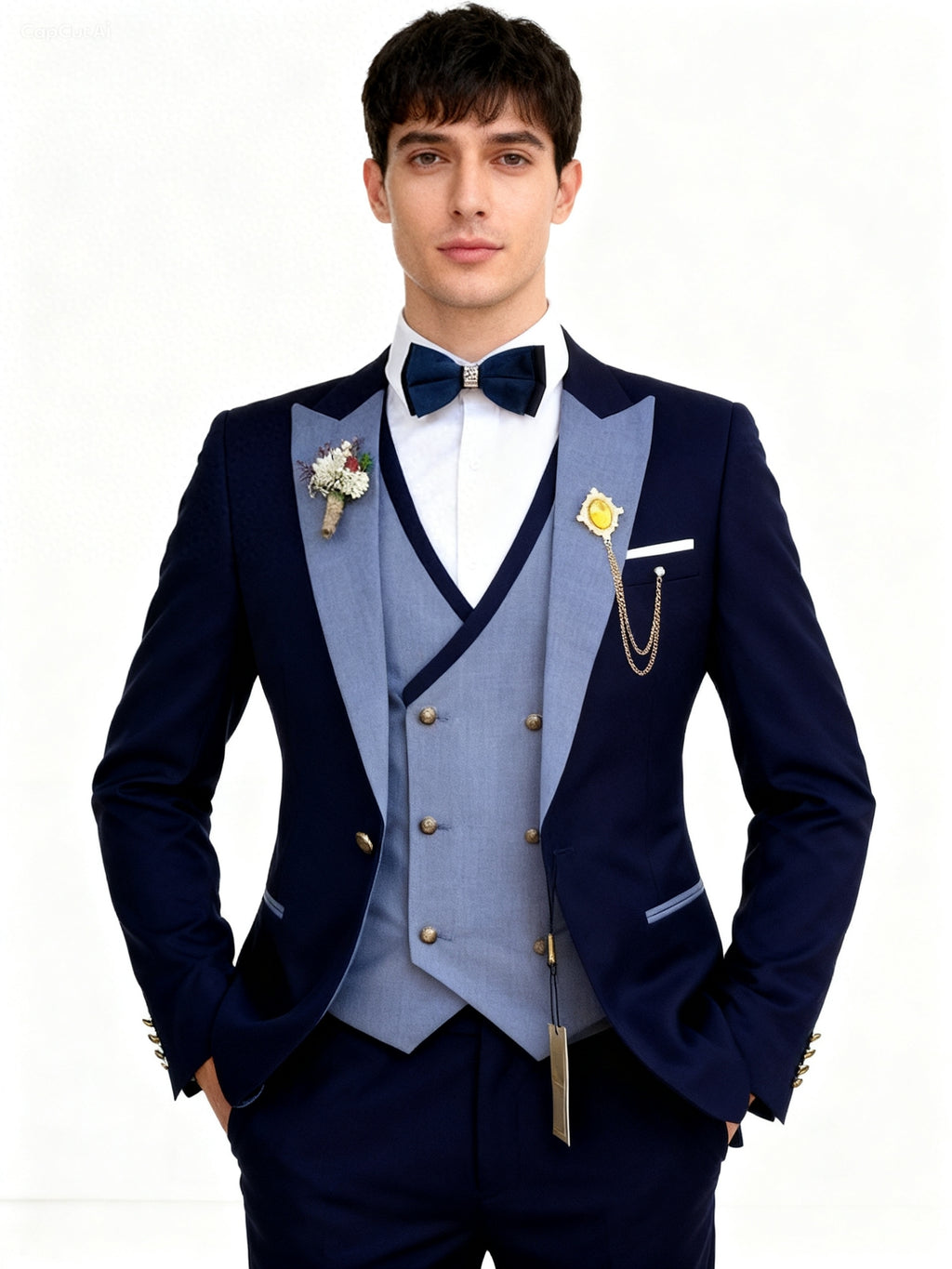 Crafters three-piece navy blue wedding tuxedo with a contrasting light blue lapel and vest