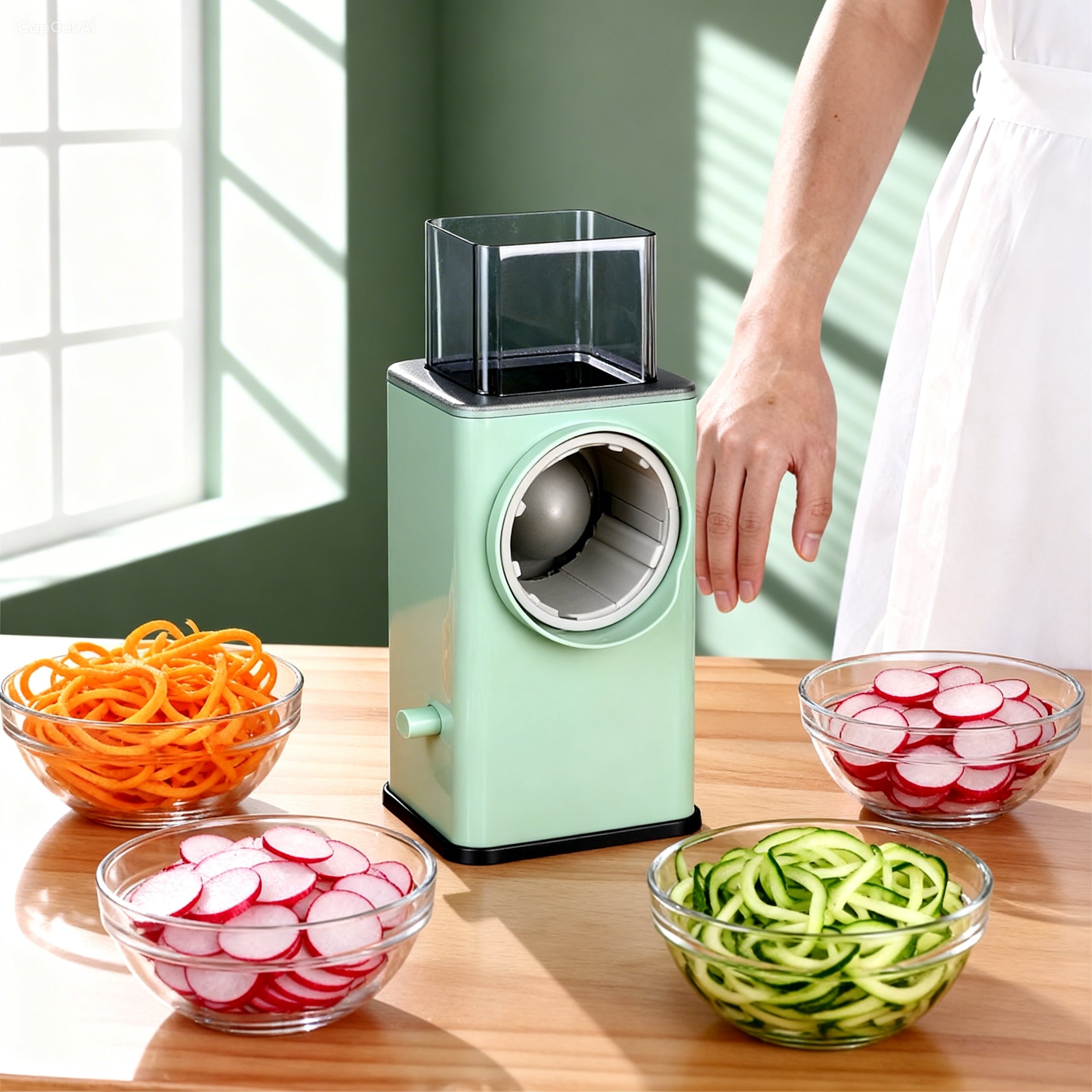 Manual, multifunctional vegetable cutter and rotary grater