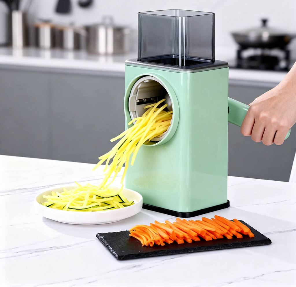 Manual, multifunctional vegetable cutter and rotary grater