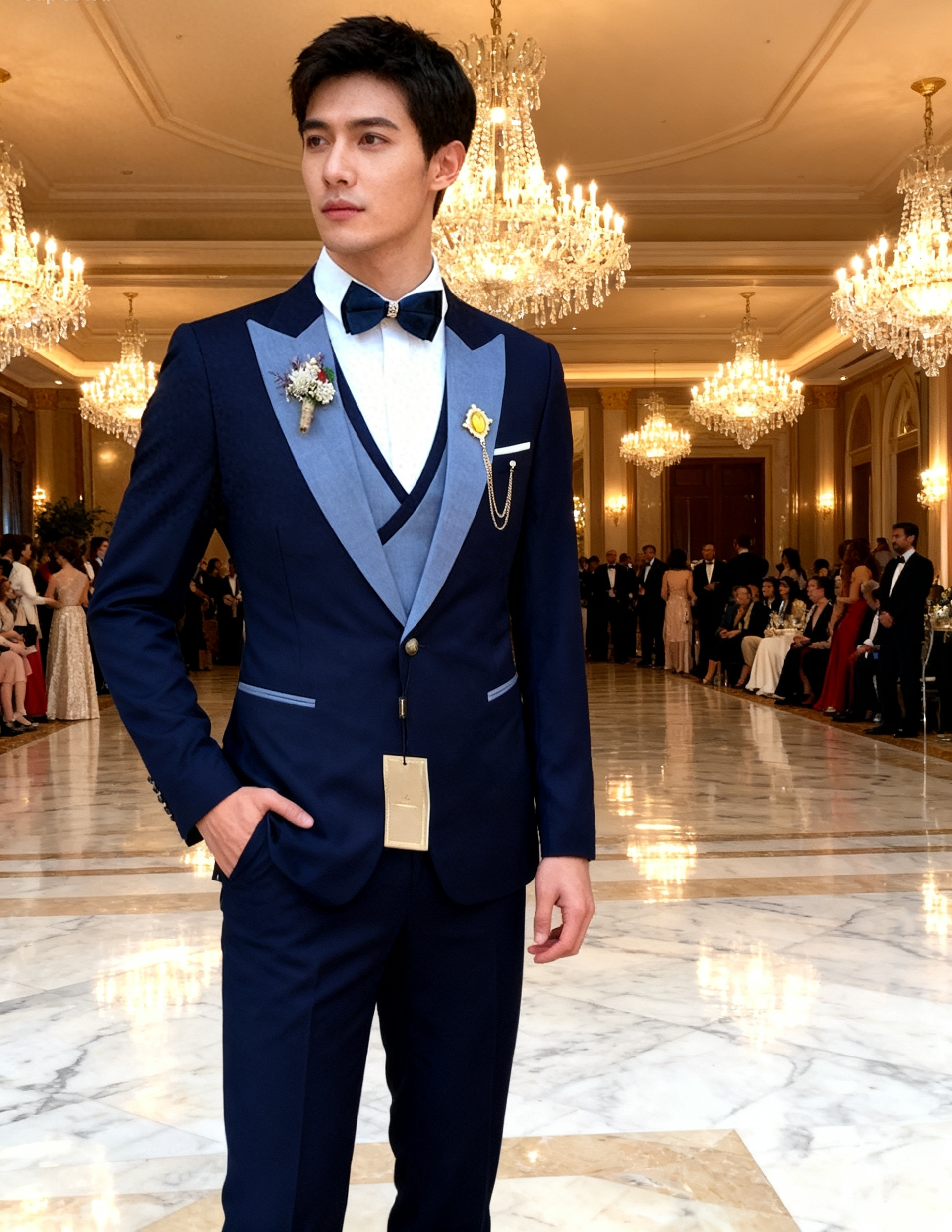 Crafters three-piece navy blue wedding tuxedo with a contrasting light blue lapel and vest