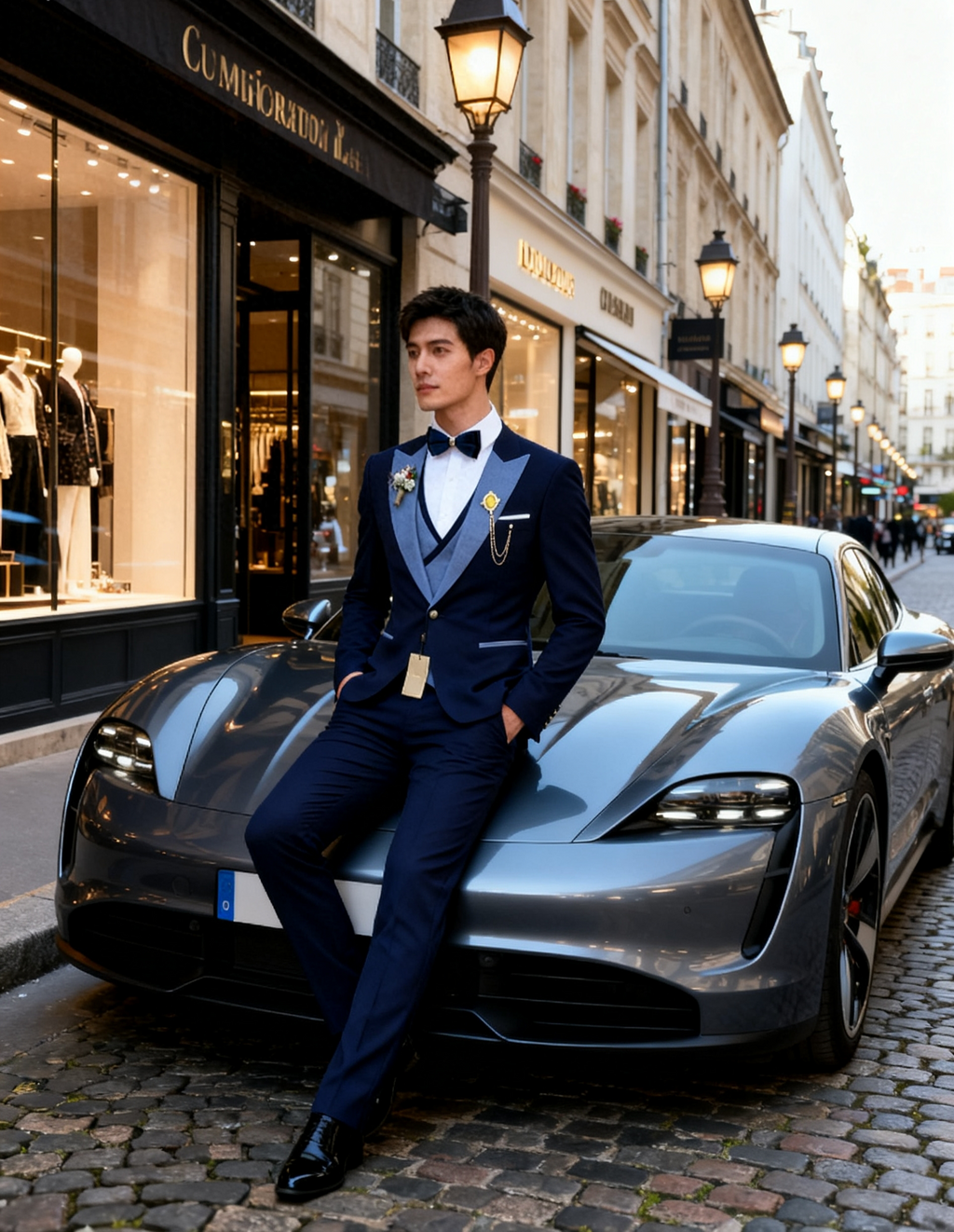 Crafters three-piece navy blue wedding tuxedo with a contrasting light blue lapel and vest