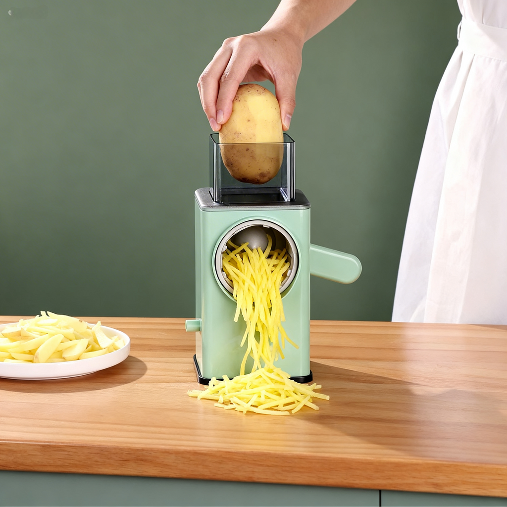 Manual, multifunctional vegetable cutter and rotary grater