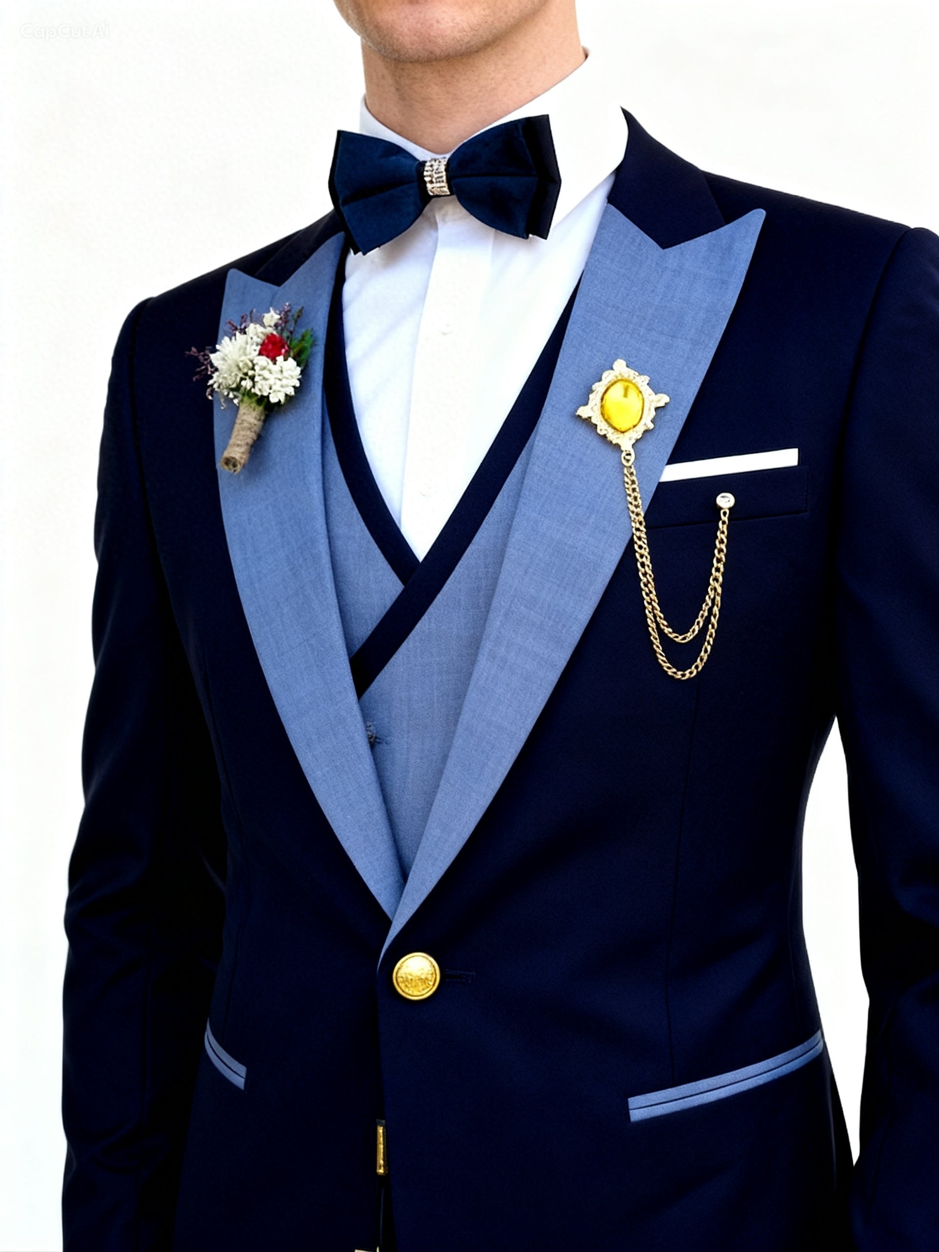 Crafters three-piece navy blue wedding tuxedo with a contrasting light blue lapel and vest